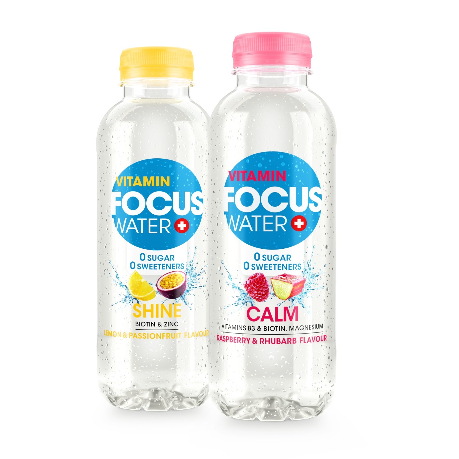 Zwei Focuswater Flaschen, Sorten Shine und Calm, nebeneinander.