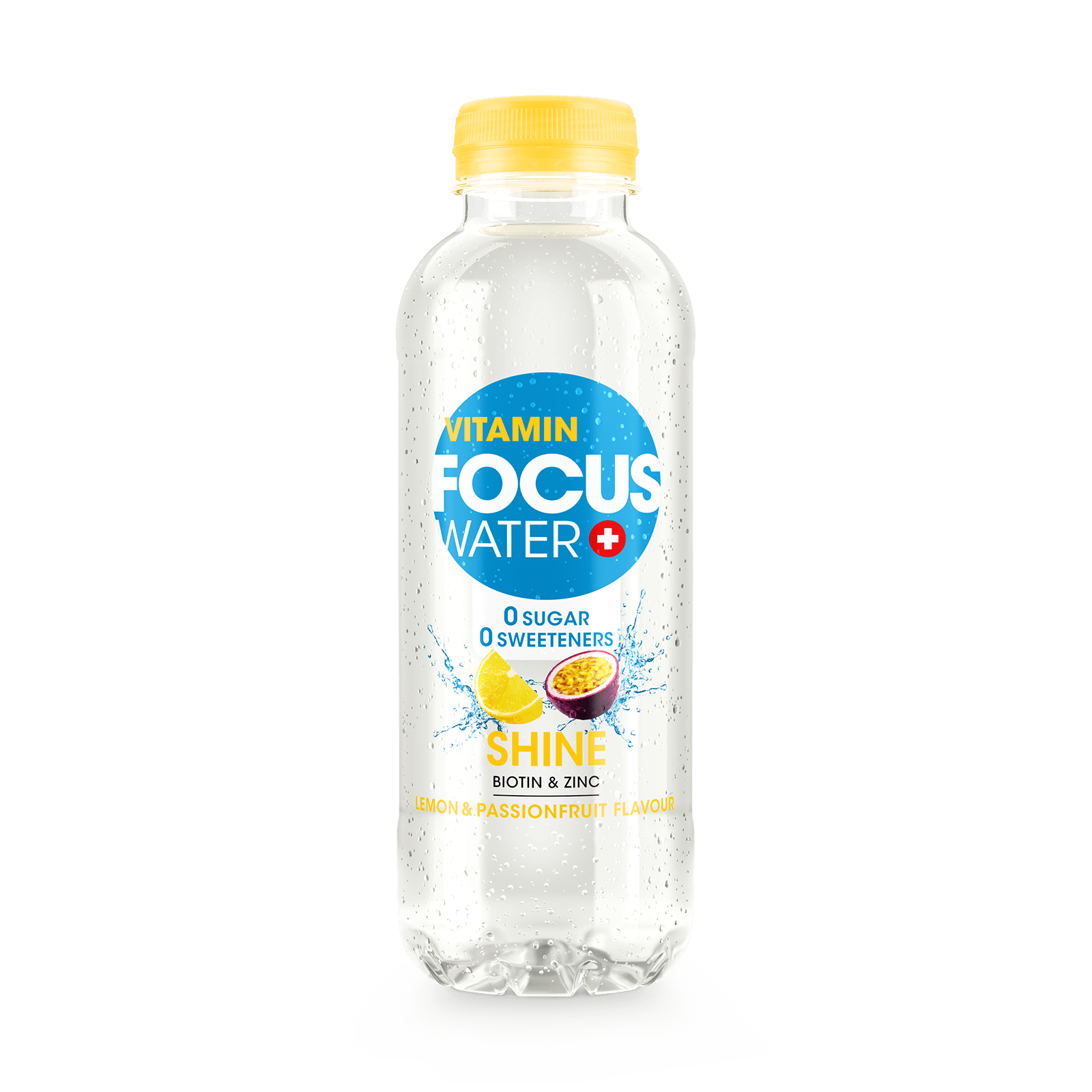 Focuswater Shine Flasche mit Zitrone und Passionsfruchtmotiv