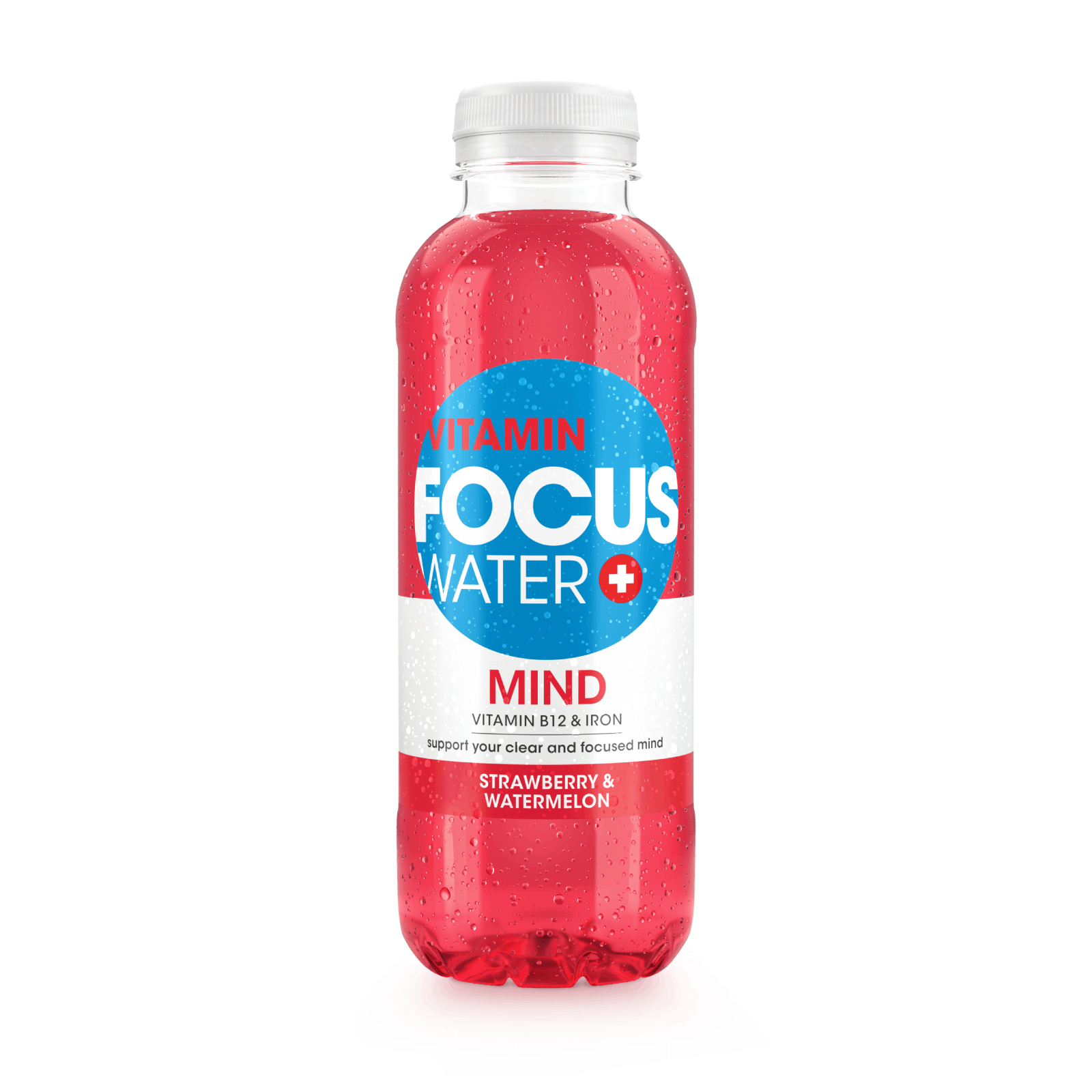 Focuswater Mind Erdbeere Wassermelone Flasche, klar und erfrischend gestaltet.
