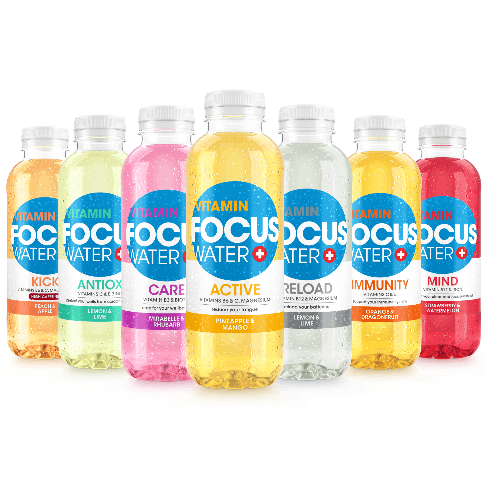 Verschiedene Focuswater Flaschen in bunter, erfrischender Anordnung.