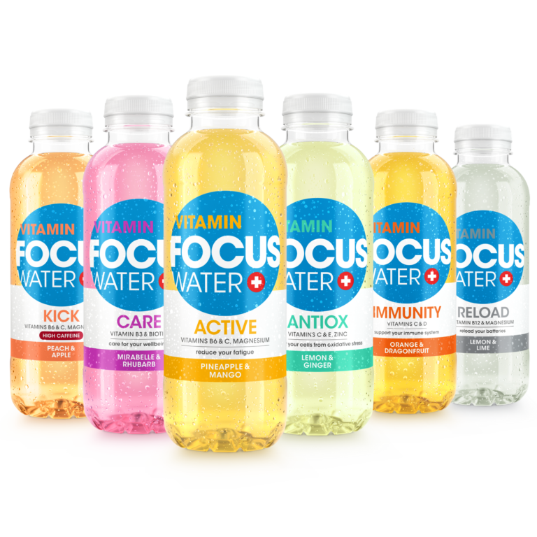 Alle sechs Basissorten Focuswater Schweizer Vitaminwasser