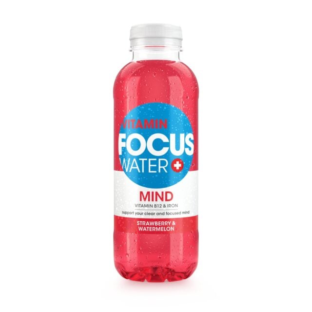 Focuswater Mind Erdbeer Wassermelone Flasche mit klarem, modernem Design.